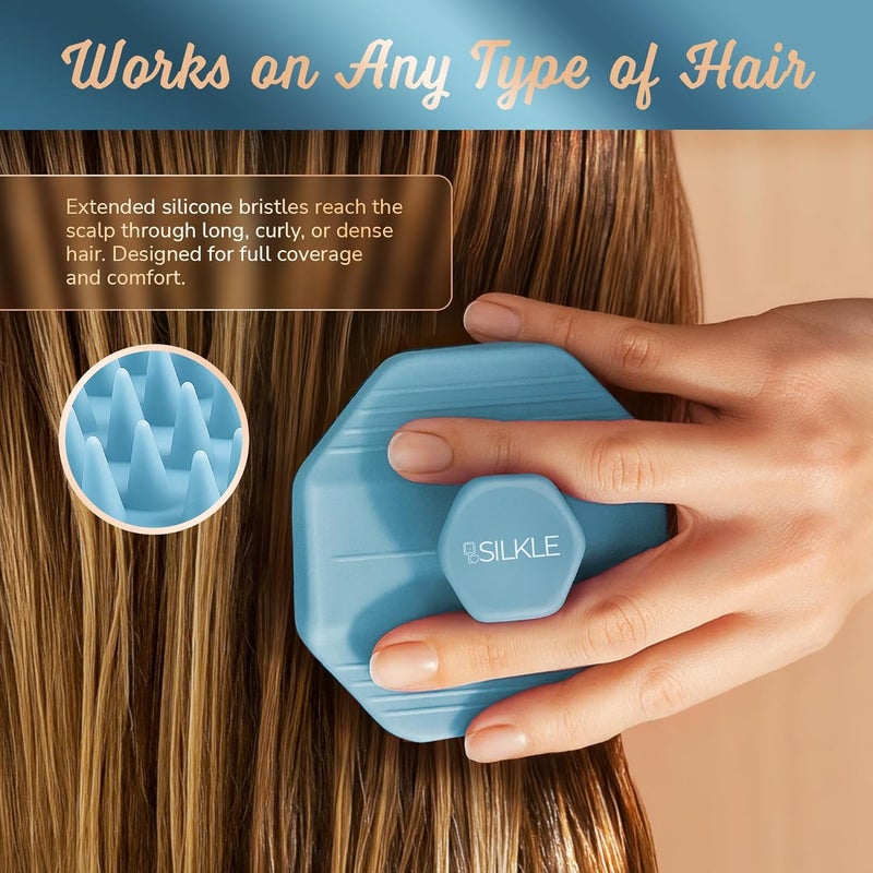 SILKLE Scalp Massager Shampoo Brush – Silicone Scalp Scrubber for Hair Growth & Dandruff Removal, One-Piece, Non-Slip Handle, Soft Bristles, Wet/Dry Shower Scalp Exfoliator for All Hair Types – Blue - Image 3